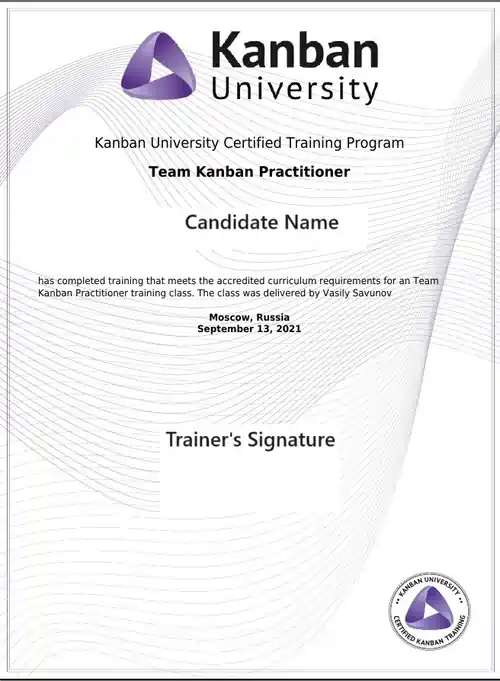 Diploma Team Kanban Practitioner emitido pela Kanban University